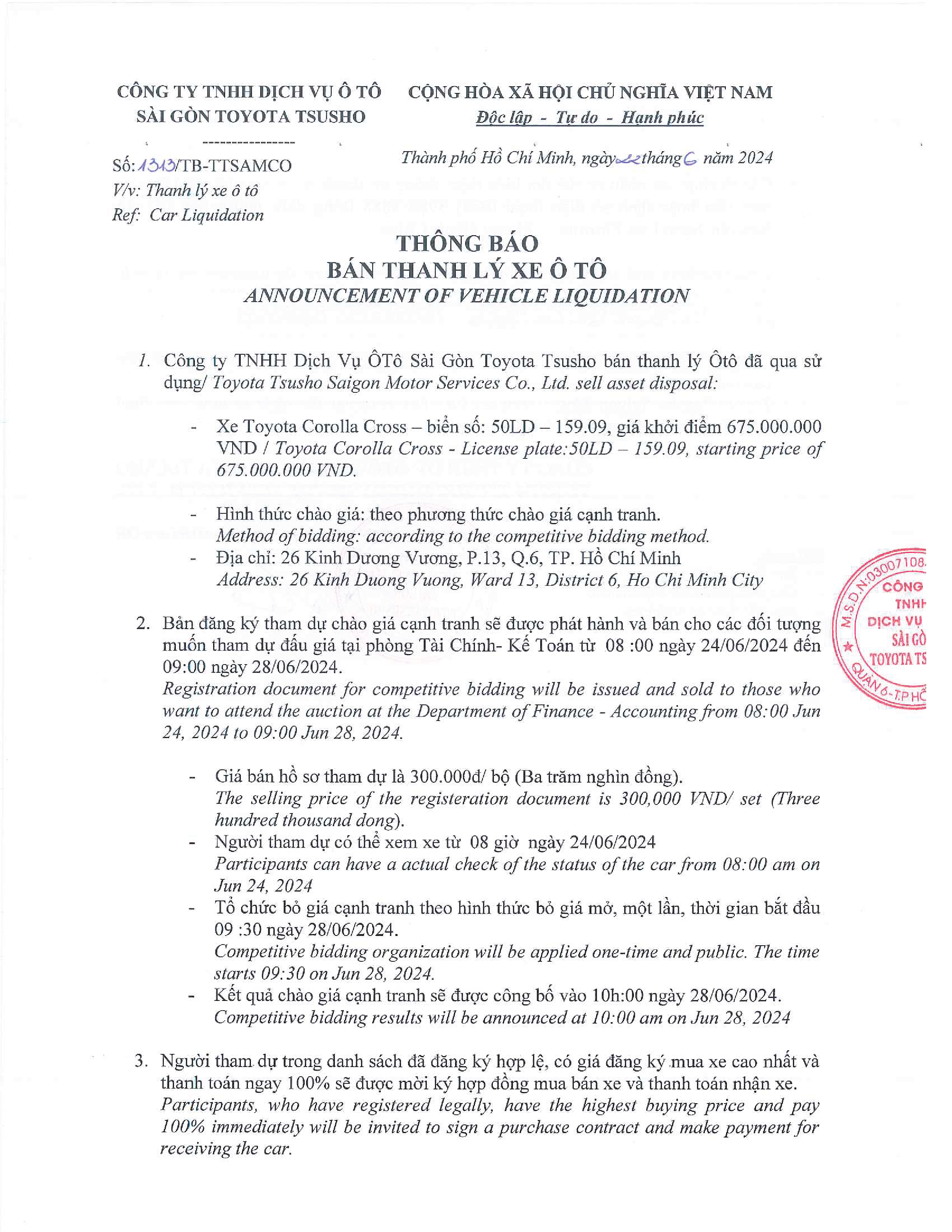 Thông báo thanh lý xe Toyota đã qua sử dụng Toyota Hùng Vương